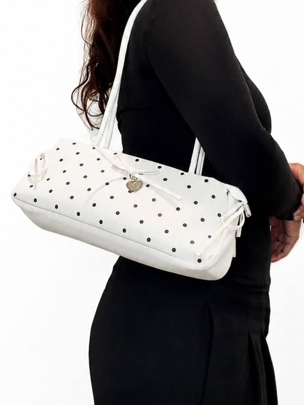 White Polka Dot Shoulder Bag with Decorative Bow